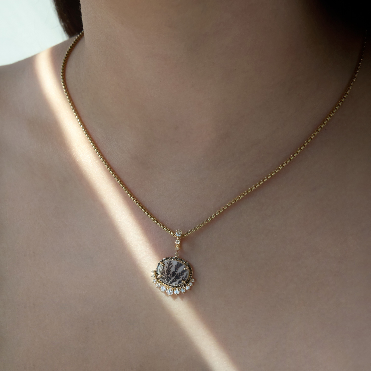Catbird x Vito&rsquo;s Gems - Franz's Oval Moss Agate and Diamond Pendant