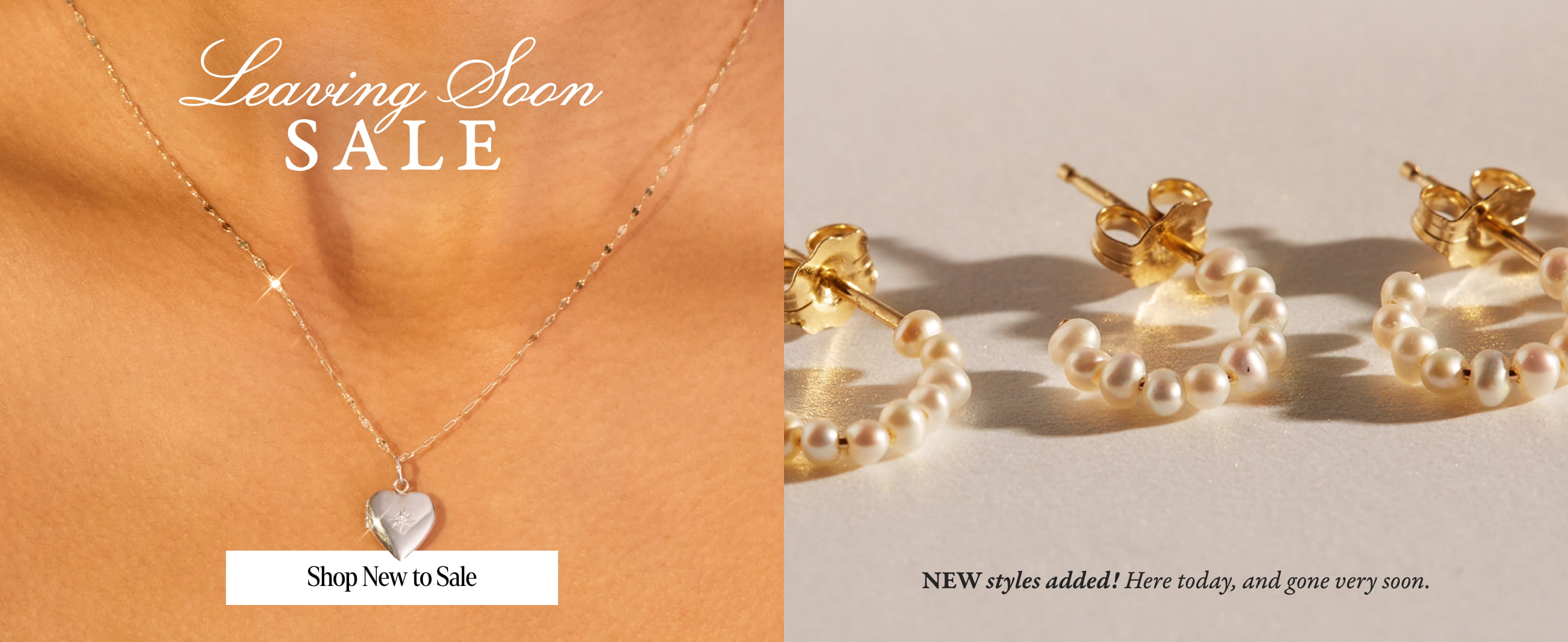 A woman wears a heart-shaped silver necklace. Text reads “Leaving Soon SALE. New styles added! Here today, and gone very soon. Shop New to Sale.”.