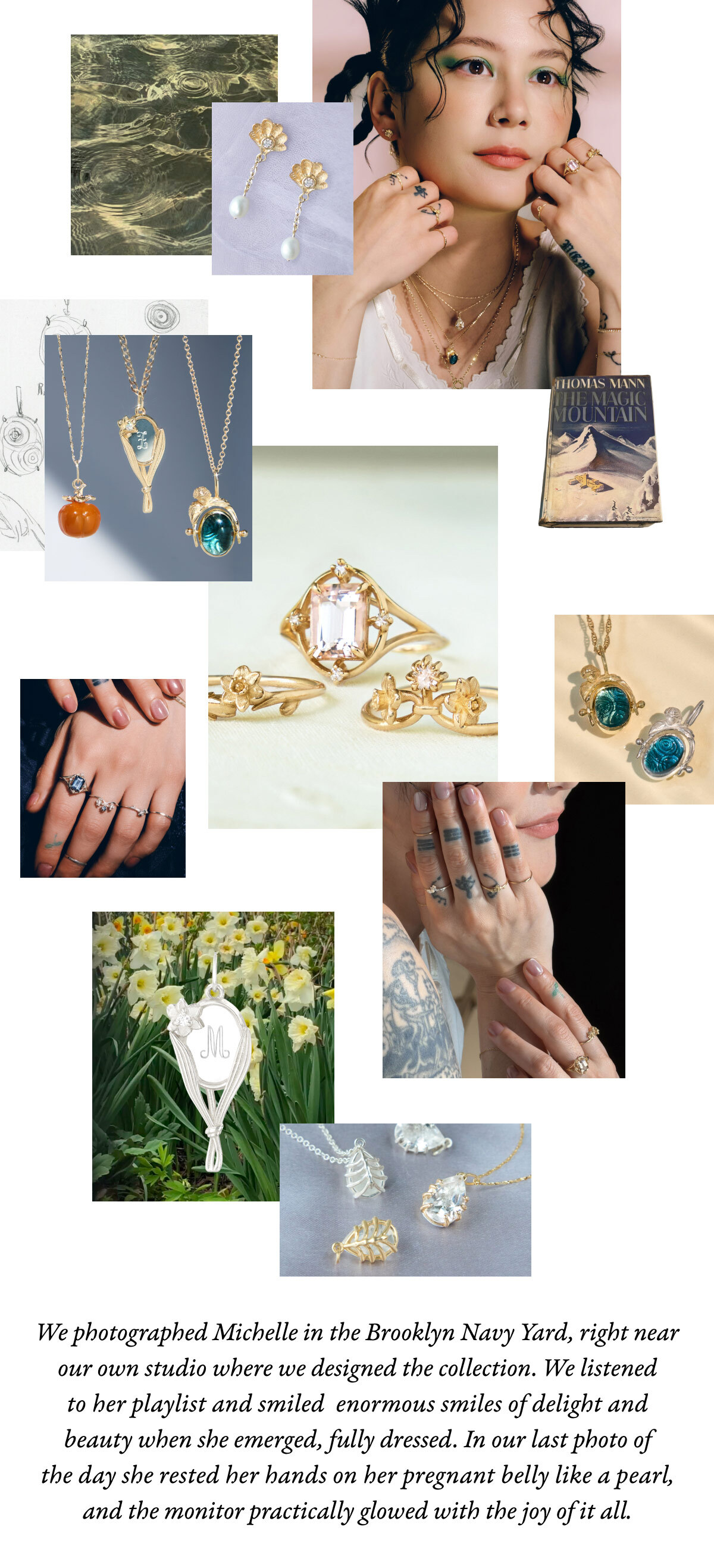 A collage featuring a portrait of Michelle Zauner, showcasing various jewelry pieces, sketches of designs, and a book titled "The Magic Mountain." The layout includes colorful floral images and descriptions of the photo session.