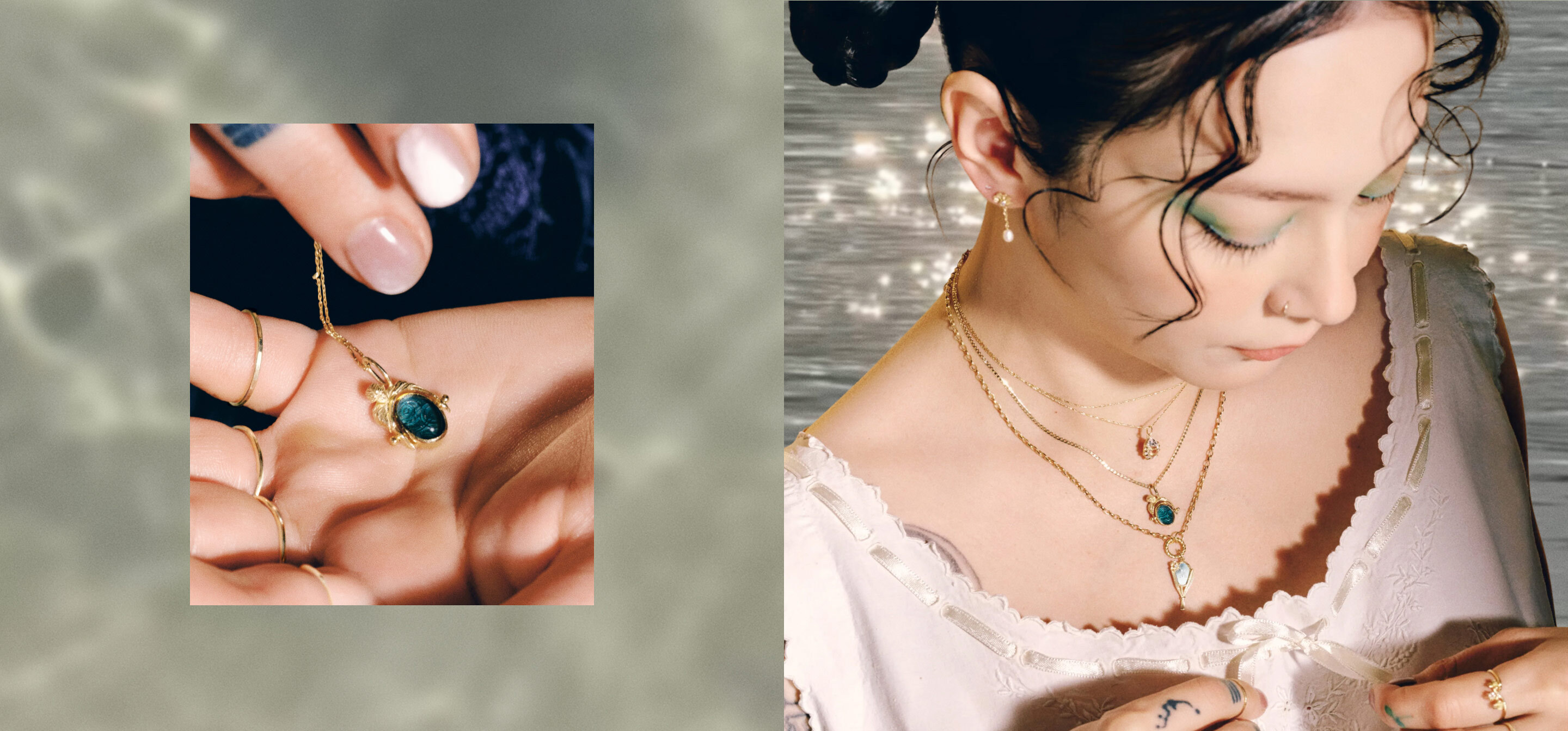 A hand holds a gold necklace with a green gemstone on the left. On the right, Michelle Zauner wears layered gold necklaces, displaying various charms, against a shimmering background.