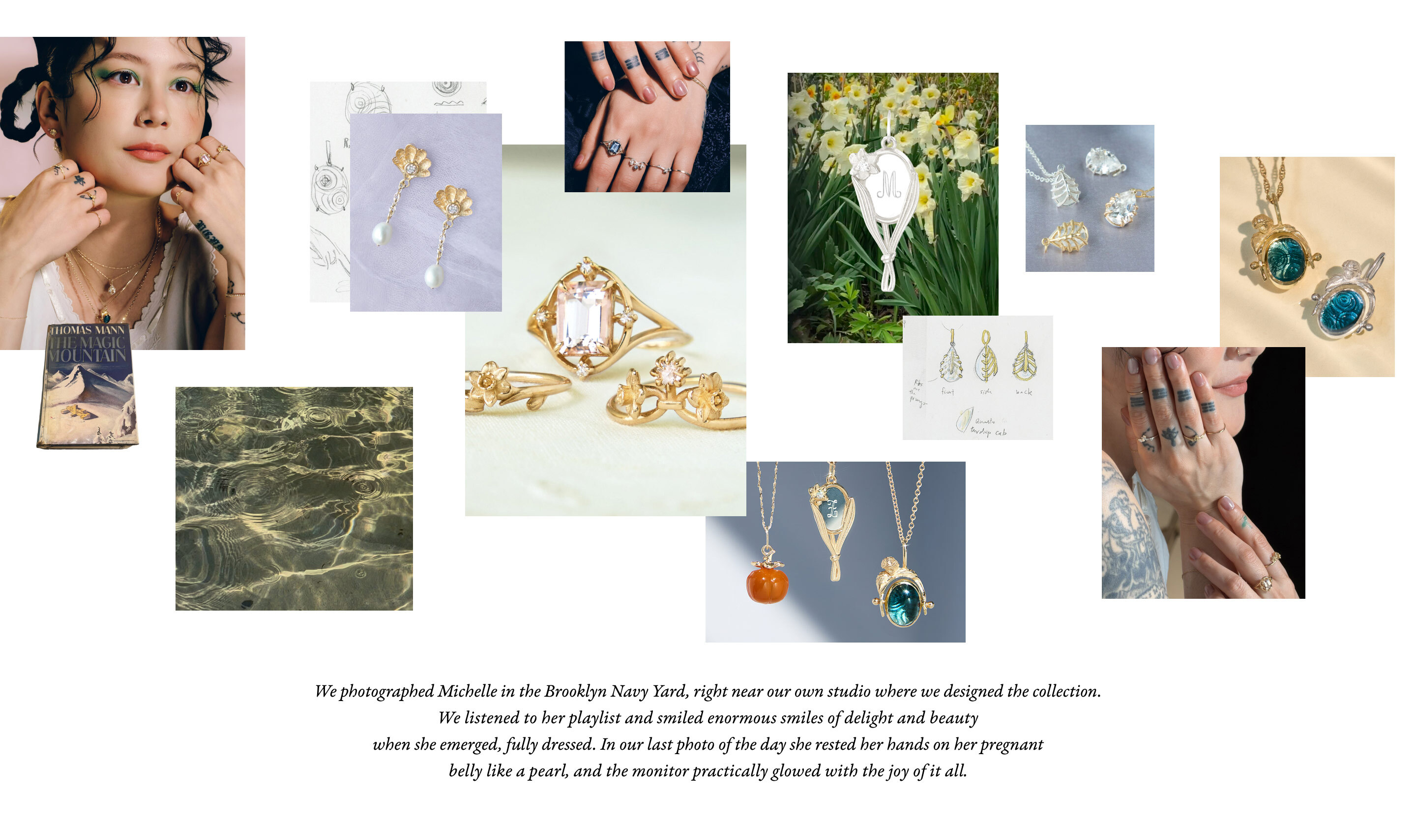 A collage featuring a portrait of Michelle Zauner, showcasing various jewelry pieces, sketches of designs, and a book titled "The Magic Mountain." The layout includes colorful floral images and descriptions of the photo session.