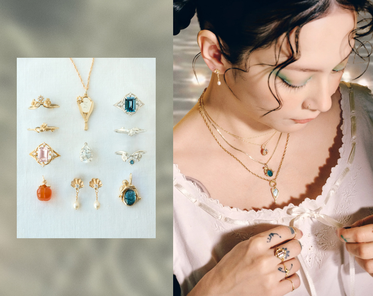 A hand holds a gold necklace with a green gemstone on the left. On the right, Michelle Zauner wears layered gold necklaces, displaying various charms, against a shimmering background.